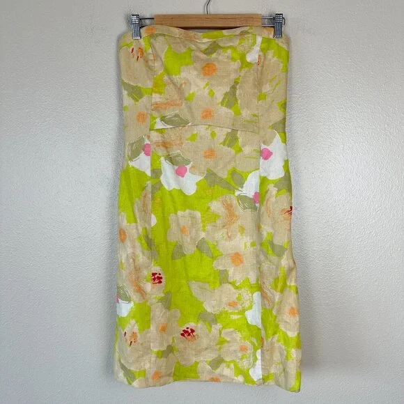 J. Crew Linen Cocktail Dress Strapless Floral Lime Green Pink White Women's 4